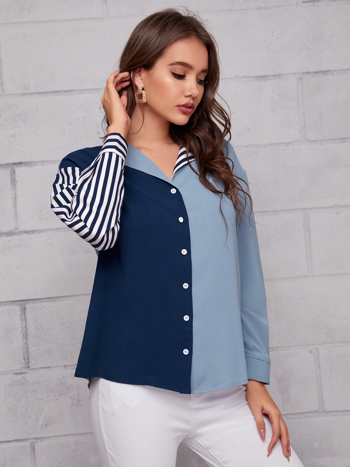 Collared Striped Colorblock Blouse
