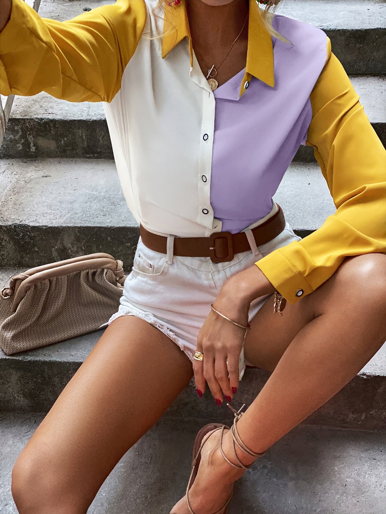 Colorblock Button Up Chiffon Blouse