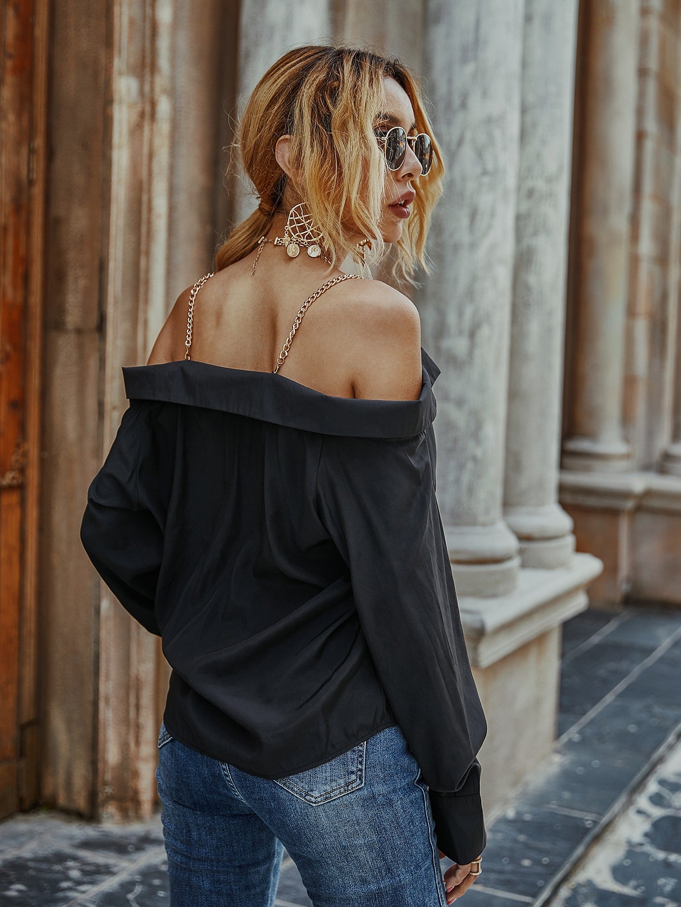 Chain Cold Shoulder Solid Blouse