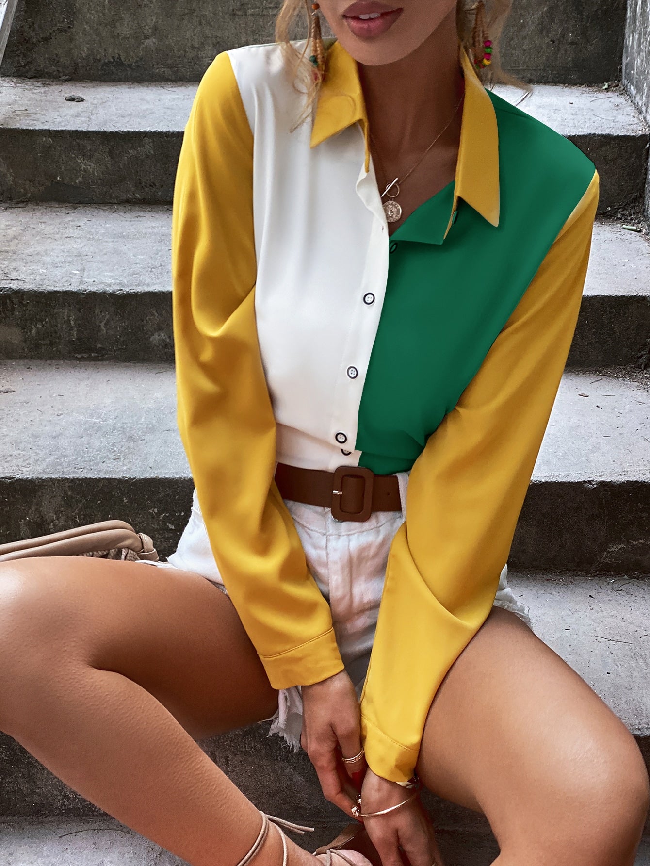 Colorblock Button Up Chiffon Blouse