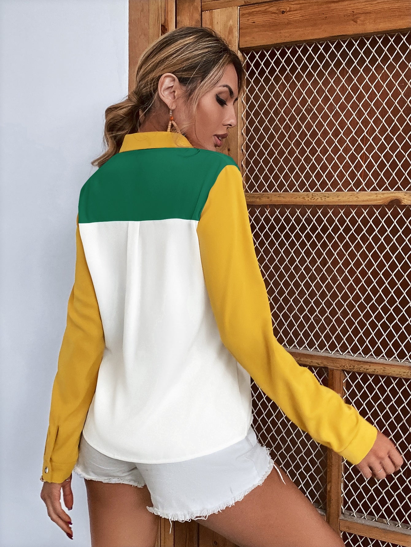 Colorblock Button Up Chiffon Blouse