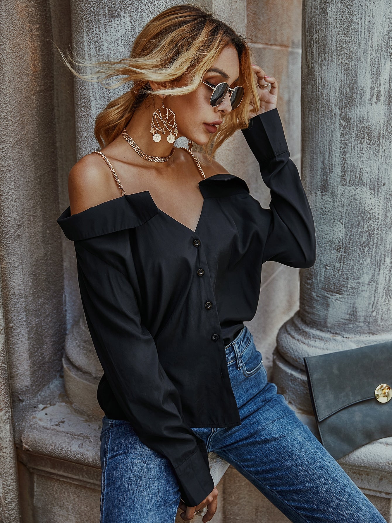 Chain Cold Shoulder Solid Blouse