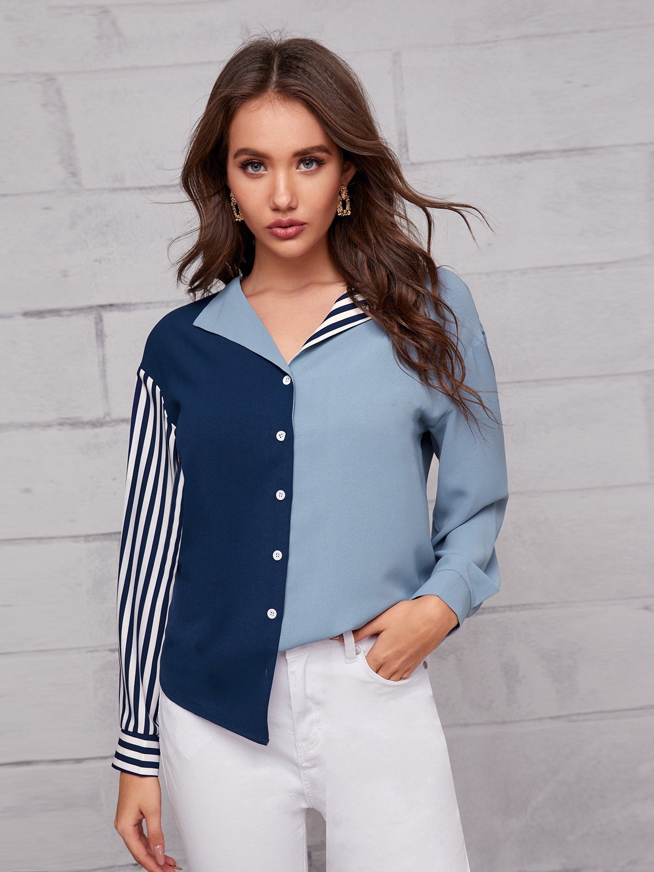 Collared Striped Colorblock Blouse