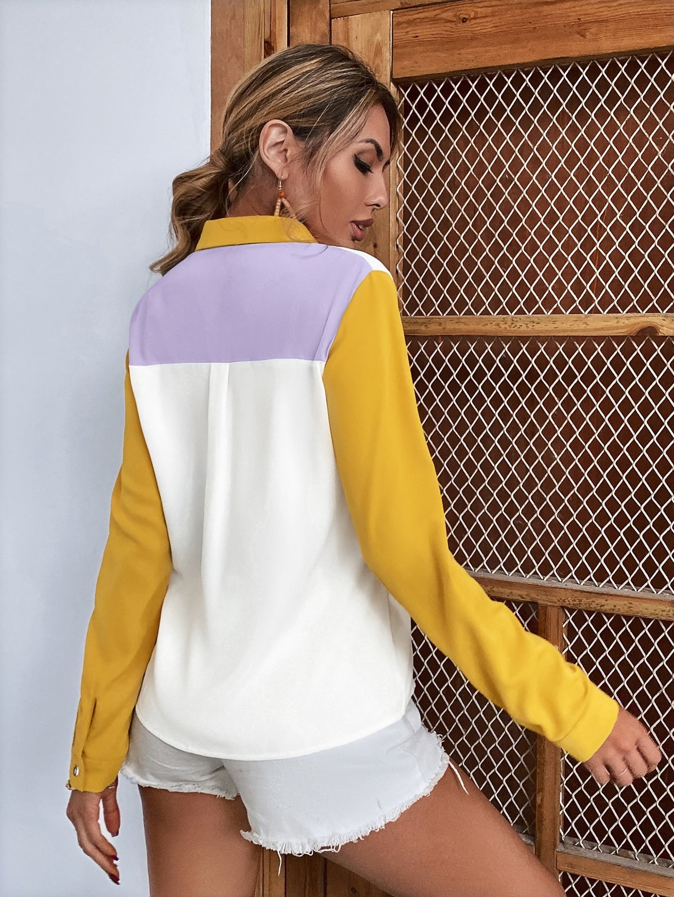 Colorblock Button Up Chiffon Blouse