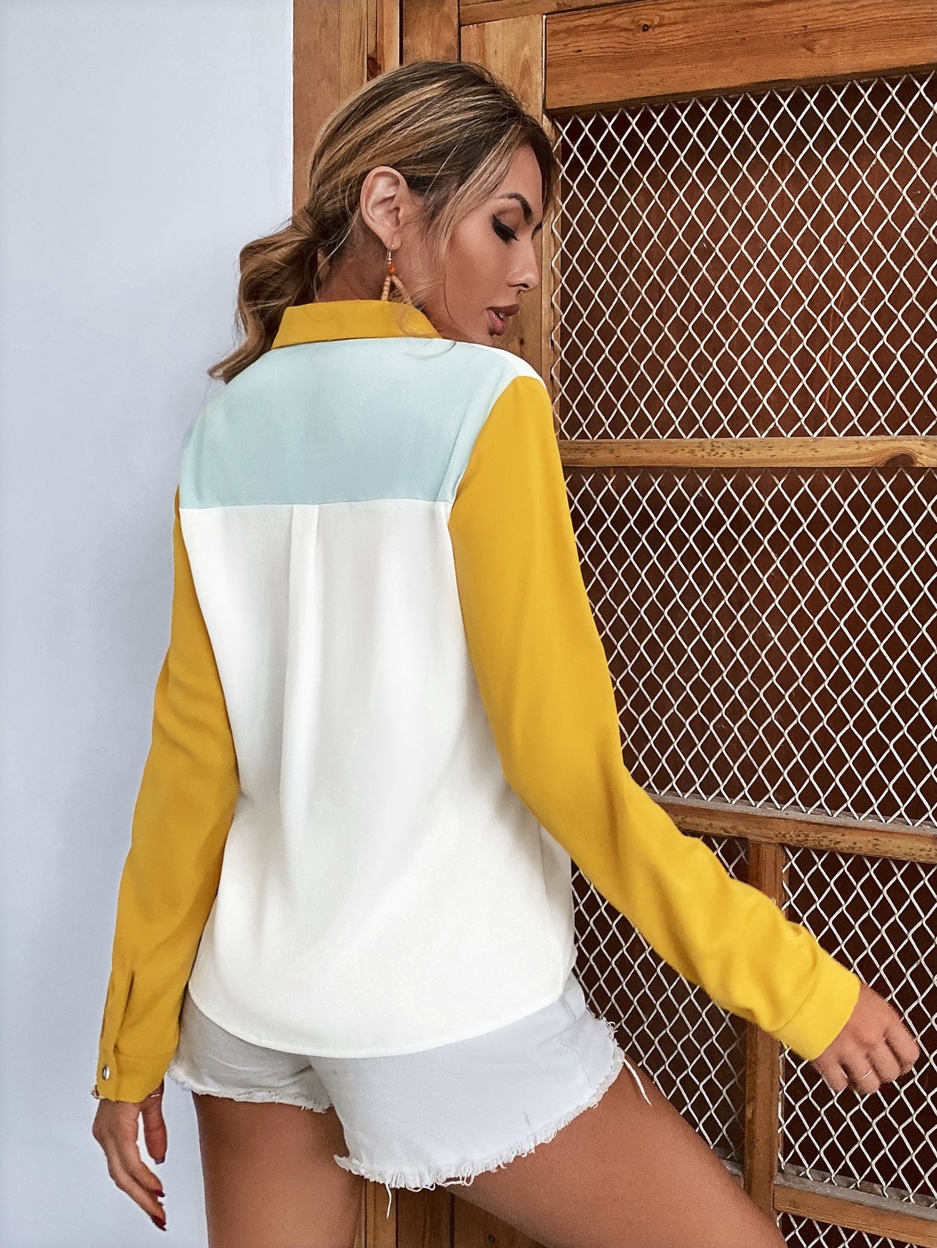 Colorblock Button Up Chiffon Blouse