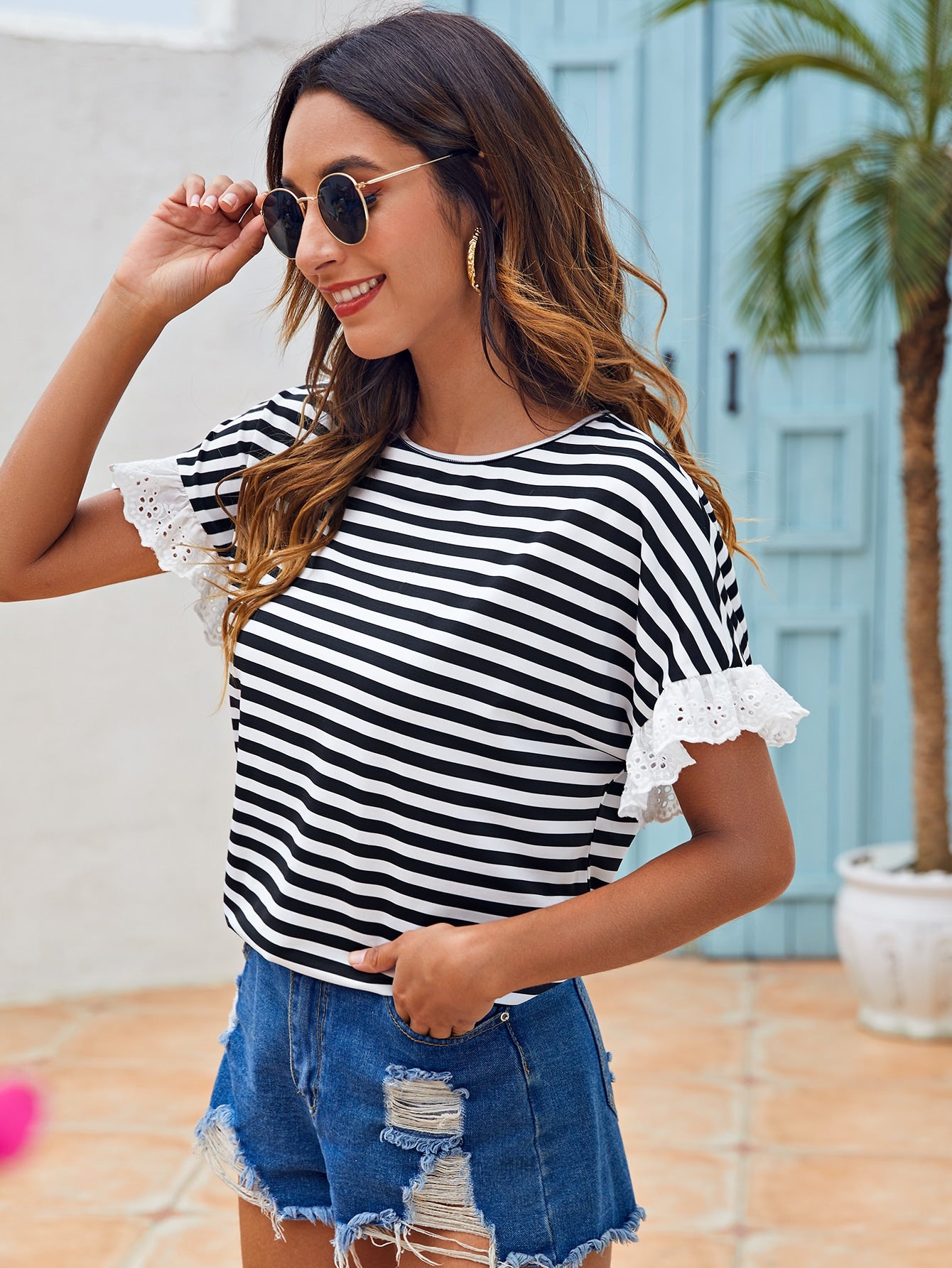 Schiffy Ruffle Cuff Striped Tee