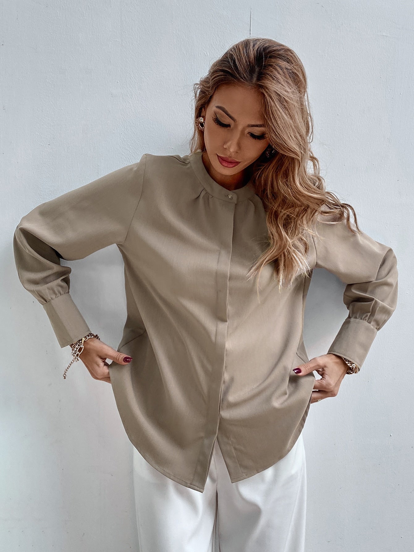 Solid Hidden Button Blouse