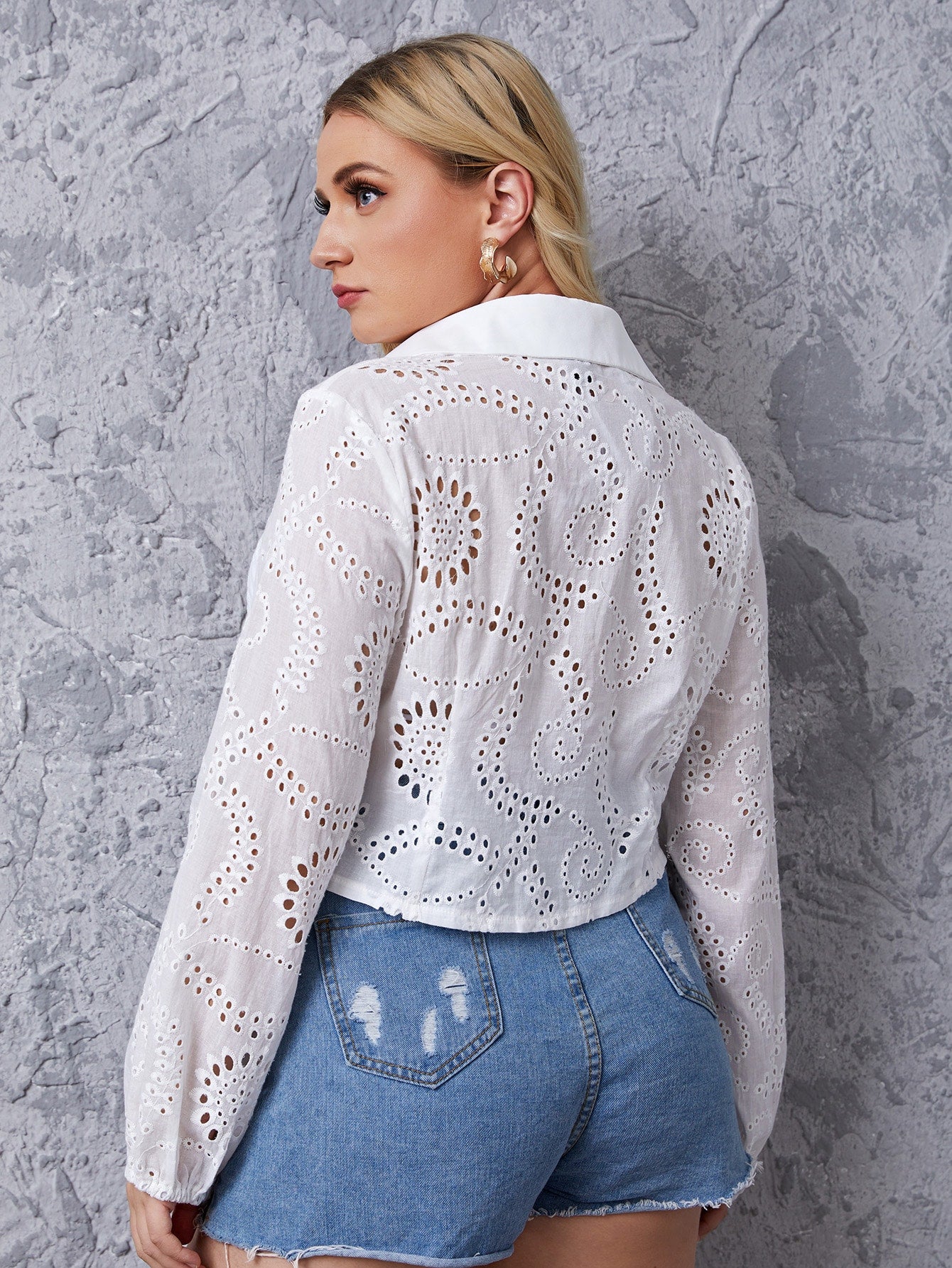 Plus Solid Eyelet Embroidery Blouse