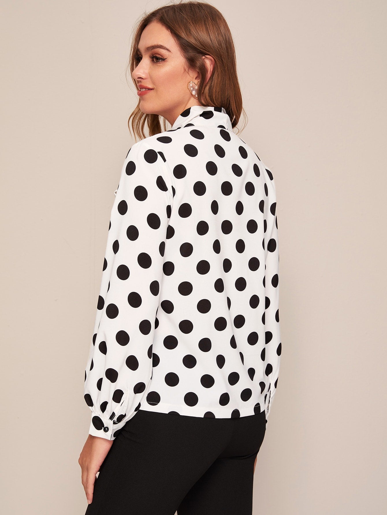 Tie Neck Polka Dot Button Up Blouse