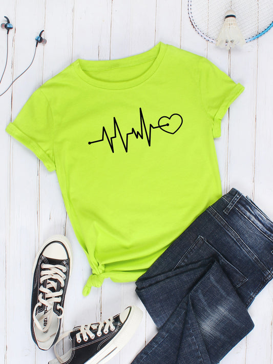 Neon Green Heart And Graphic Print Tee