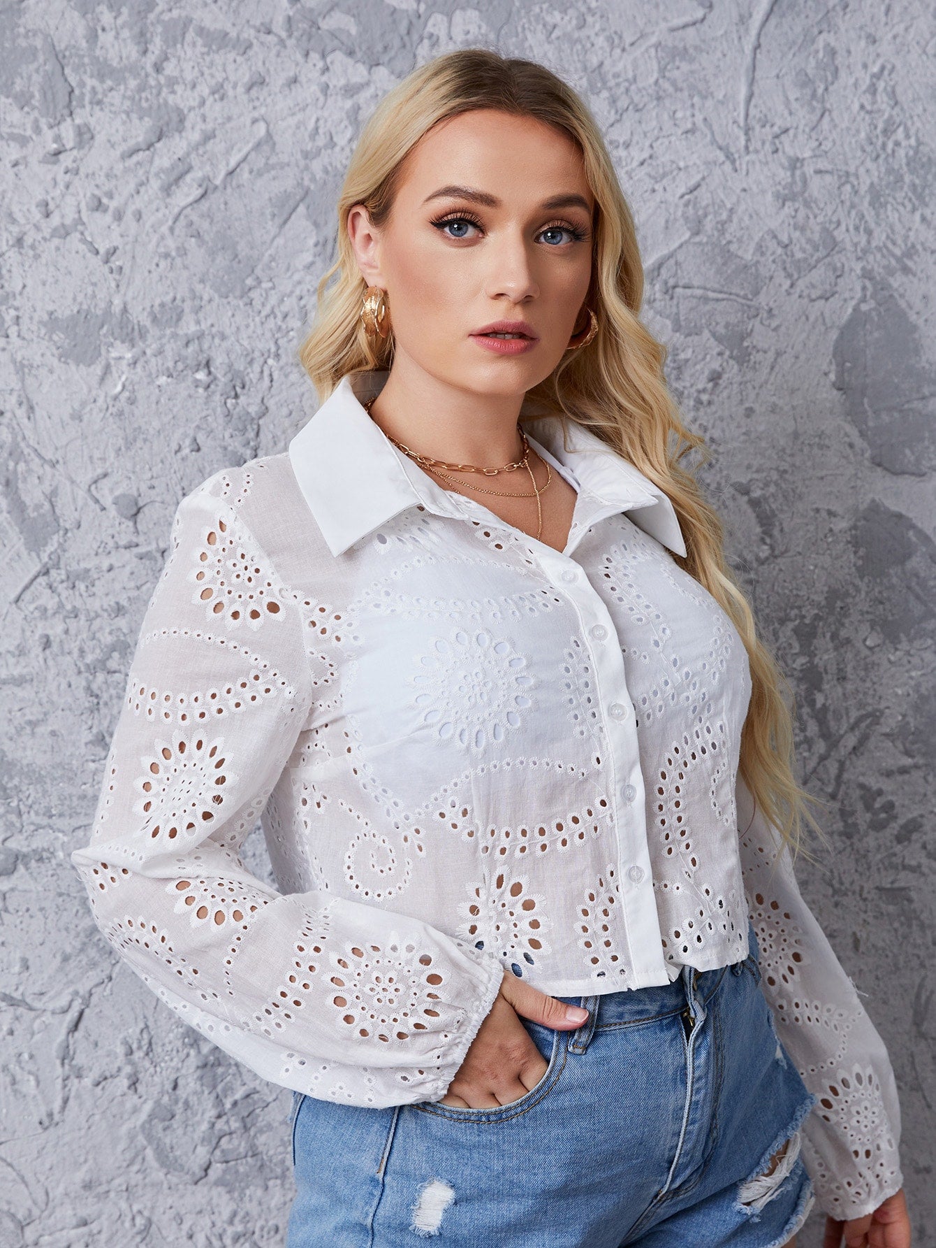 Plus Solid Eyelet Embroidery Blouse