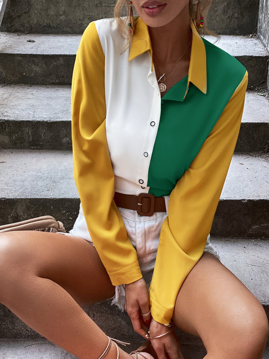 Colorblock Button Up Chiffon Blouse