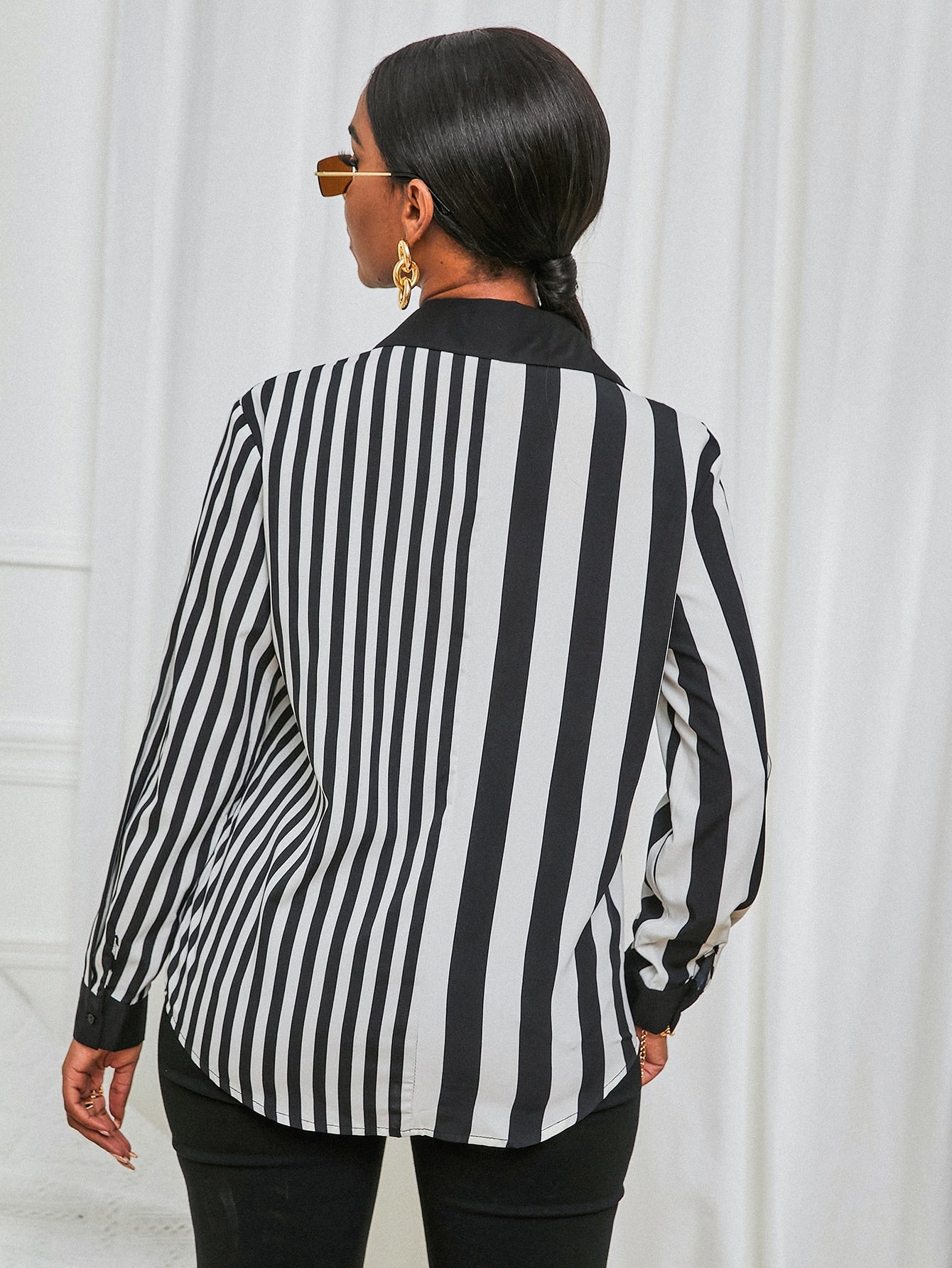 Striped Print Button Front Blouse