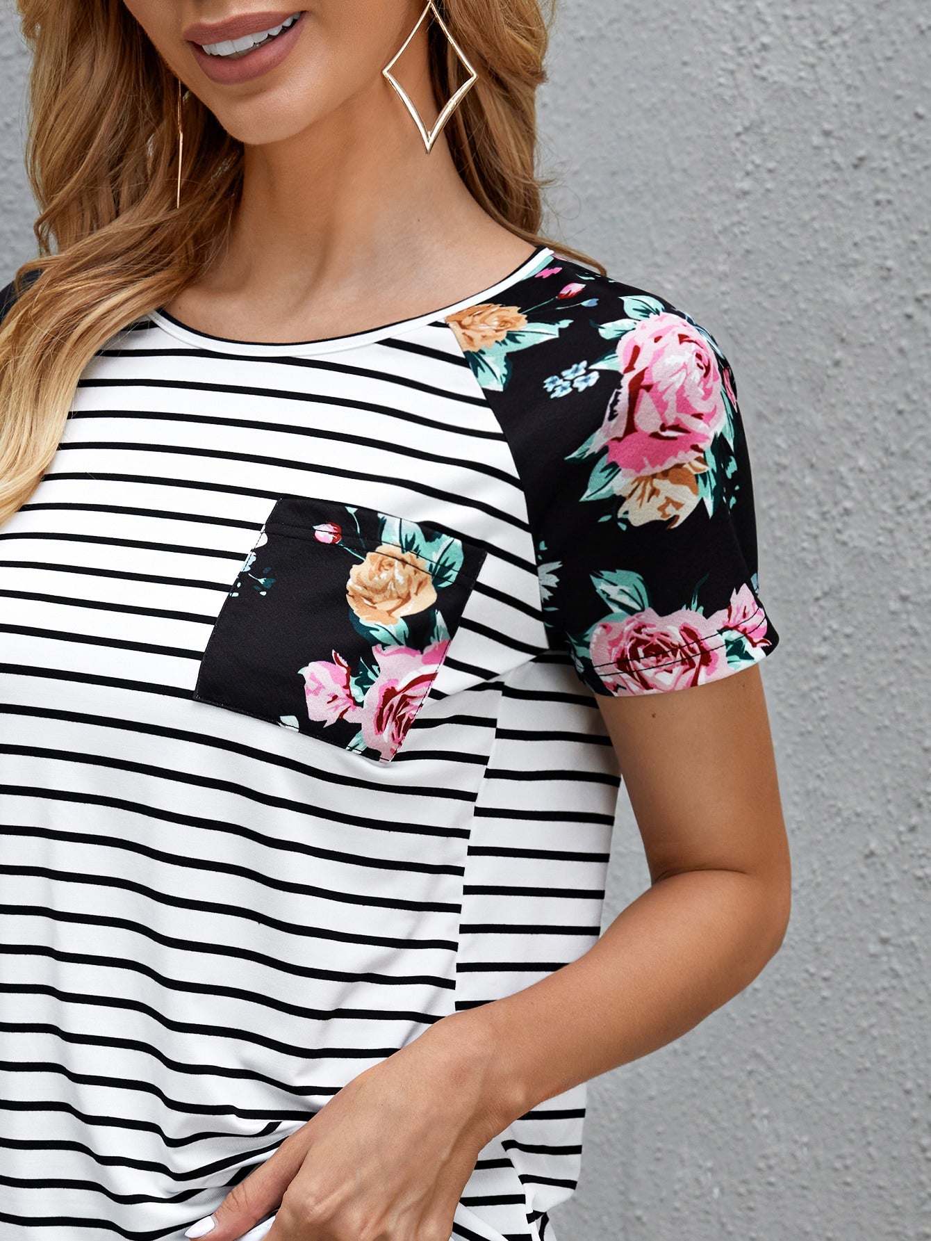 Raglan Sleeve Floral & Striped Print Tee