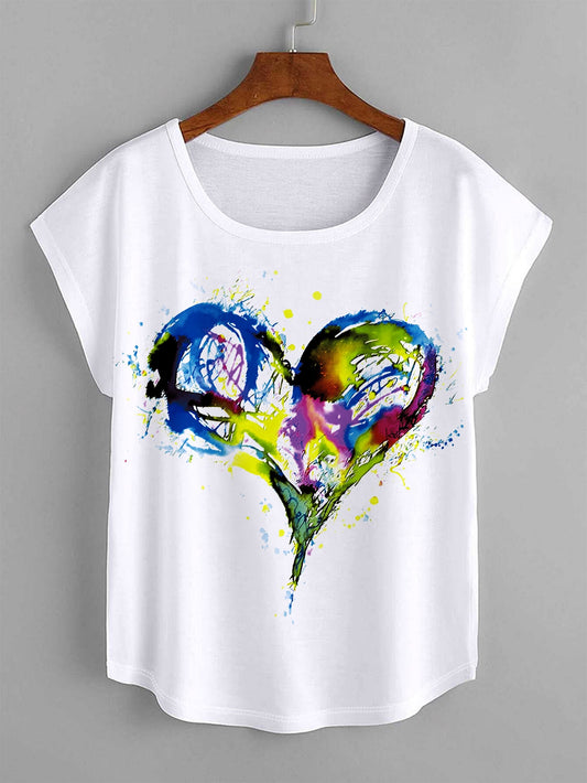 Heart Print Batwing Sleeve Tee