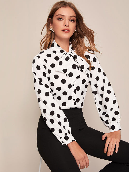 Tie Neck Polka Dot Button Up Blouse